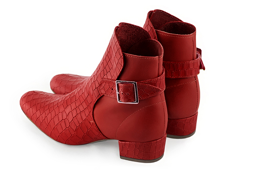 Cardinal red women's ankle boots with buckles at the back. Round toe. Low block heels. Rear view - Florence KOOIJMAN